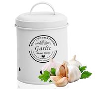 Fangehong 1 Pack Potato, Onion & Garlic Kitchen Storage Canisters, Vintage Vegetable Storage Tins with Lid, Metal Food Canister with Aerating Holes, Farmhouse Counter Pot (Garlic White)