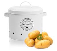 Fangehong 1 Pack Potato, Onion & Garlic Kitchen Storage Canisters, Vintage Vegetable Storage Tins with Lid, Metal Food Canister with Aerating Holes, Farmhouse Counter Pot (Potato White)
