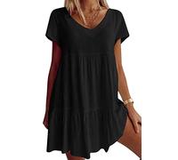 Fangetey Women's V-Neck Tshirt Dress Loose Casual Short Sleeve Summer Tunic Short Flowy Swing Dress, Black, Large