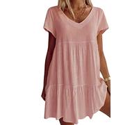 Fangetey Women's V-Neck Tshirt Dress Loose Casual Short Sleeve Summer Tunic Short Flowy Swing Dress, Pink, Small