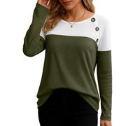 FANGJIN Tshirts Women UK Long Sleeve Loose Fit Fall Tee Tops Color Block Scoop Neck T Shirts Fashion Clothes Green XL