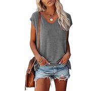 FANGJIN Women's Blouses & Shirts Ladies Cap Sleeve Summer Basic Casual Plain T-Shirts Loose Fit Solid Color Short Sleeve Simple V Neck T-Shirt Grey Size S