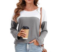 FANGJIN Womens Sweatshirt Fashion Color Block Waffle Long Sleeve Tops Ladies Jumpers Size 14 Tunic Fall Tops Grey S