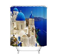 Fangkun Custom Bathroom Shower Curtain - Polyester House Decor with View of Classical Church with Blue Domes Oia Santorini Greece - 12pcs Shower Hooks