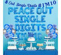 Fangleland 10th Birthday Decorations for Boys, Blue Peace Out Single Digits I'm 10 Banner Sash Cake Topper Fringe Curtain Balloons, Double Digits Party Supplies Photo Background