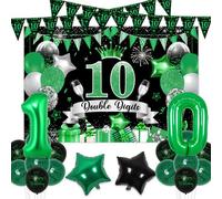 Fangleland 10th Birthday Decorations Green and Black, Happy 10th Birthday Bunting Banner Balloons Backdrop Number 10 Foil Balloons for 10 Year Old Birthday Party Supplies Boys Girls
