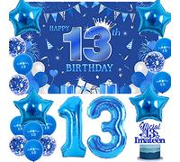 Fangleland 13th Birthday Decorations Blue for Boys, Happy 13th Birthday Backdrop Official Its 13 I'm a Teen Cake Topper Balloons Star and 13 Foil Balloons for Official Teenager Birthday Party Supplies
