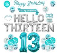 Fangleland 13th Birthday Decorations Set for Girls - Teal Blue Silver Teenager Thirteen Birthday Party Balloon, Banner, Cake Topper, Sash and Crown Party Supplies