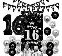 Fangleland 16th Birthday Decorations Black and Silver, Happy 16th Birthday Door Banner Triangle Flag Banner Balloons Number 16 Foil Balloons for Sweet Sixteen Bday Party Supplies