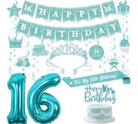 Fangleland 16th Birthday Decorations for Girls, Teal Blue Happy Birthday banner Hanging Swirls Cake Topper Crown Sash Number 16 Balloon for Sweet Sixteen Year Old Party Supplies