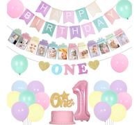 Fangleland 1st Birthday Decorations for Pastel, Macaron Party Decorations Happy Birthday Banner High Chair and Photo Banner 1 Foil Balloon Cake Topper for First Rainbow Bday Party Supplies