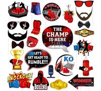 Fangleland 24Pcs Boxing-Themed Decorations - Boxing Themed Photo Booth Props for Birthday Party, Paper Boxing Champion Photo Accessories with Sticks & Adhesive
