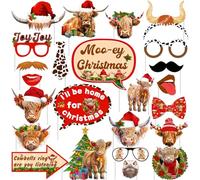 Fangleland 24Pcs Christmas Highland Cow Photo Props, Western Highland Cattle Selfie Photography Props for Xmas Winter Holiday Farm Animals Theme Party Accessories Supplies