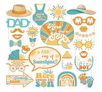Fangleland 24pcs Sun Theme Baby Shower Photo Booth Props for Boy, Here Comes The Son Boho Sunshine Orange and Blue Decorations Party Favors Supplies