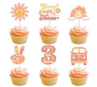 Fangleland 24Pcs Young Wild and Three Cupcake Toppers, 3rd Birthday Decorations for Girls - Groovy Retro Hippie 60s 70s Theme Birthday Dessert Table Cake Decors Picks Party Supplies