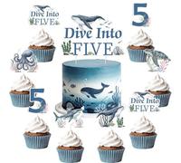 Fangleland 25 Pcs Dive Into Five Birthday Cake Decorations, Ocean Theme 5th Birthday Cake Cupcake Toppers, Double-Sided Shark Turtle Seaweed Picks for Nautical Under the Sea Party Supplies