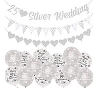 Fangleland 25th Wedding Anniversary Decorations for Couple, 25th Silver Wedding Glitter Banners and Bunting Flag Balloons for Anniversary Party Supplies