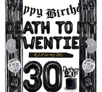 Fangleland 30th Birthday Decorations for Him or Her Black, Death to My Twenties Balloons, Rip to My 20s Sash, Funeral Happy Birthday Banner, Fringe Curtain Funny Thirtieth Bday Party Supplies