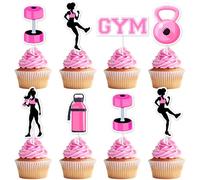 Fangleland 36PCS Gym Themed Cupcake Toppers for Girls Women, Pink Black Work Out Weight Cake Decorations, Weightlifting Equipment Cupcake Picks Birthday Bachelorette Party Supplies