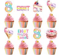 Fangleland 36Pcs Sweets 8th Birthday Cupcake Toppers, Double-Sided Dessert Ice Cream Donut Theme Cake Decoration for Eight Year Old Girl Birthday Party Supplies