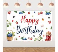 Fangleland 5×3ft Berry Birthday Backdrop - Red Blue Berry Happy Birthday Party Decoration, Sweet Fruit Themed Photography Background Farm Strawberry Blueberry Raspberry Mulberry Party Supply