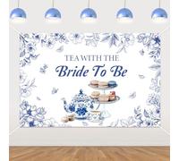 Fangleland 5x3ft Bride to Be Backdrop, Tea Theme Bridal Shower Decoration Blue Floral Wedding Bachelorette Engagement Party Photography Background for Girls Women