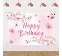 Fangleland 5x3ft Cherry Blossom Birthday Party Backdrop, Pink White Sakura Theme Happy Birthday Photography Background for Outdoor Indoor Decor Party Photo Props Supplies