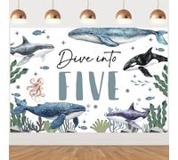 Fangleland 5x3ft Shark 5th Birthday Party Backdrop Decorations, Sea World Ocean Creatures Dive Into Five Photography Background, Underwater Animals 5 Years Old Birthday Party Photo Props Supplies