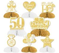 Fangleland 8Pcs Golden Wedding Anniversary Table Decorations, Honeycomb Centerpieces Table Toppers Cheers to 50th Wedding Anniversary Honeycomb Table Topper for Happy Anniversary Decorations Romantic