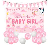 Fangleland Baby Shower Decorations Pink, Welcome Home Baby Girl Backdrop It's a Girl Bunting Banner Balloons Photo Booth Props for Gender Reveal Party Supplies