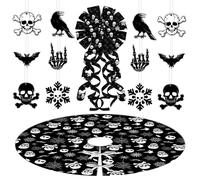 Fangleland Black Gothic Christmas Decorations - Skull Tree Skirt, Large Tree Topper, 12pcs Hanging Ornaments for Winter, Halloween, Xmas