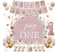 Fangleland Boho Fairy Themed 1st Birthday Decorations for Girls, Our Little Fairy is Turning One Flower Backdrop Photo Banner Cake Topper, First Bday Party Supplies