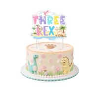 Fangleland Dinosaur 3rd Birthday Cake Topper, Three Rex Macaron Color Pastel Birthday Decoration for 3 Year Old Girl, Dino Double-sided Cake Pick, Wild Animals Themed Party Supplies