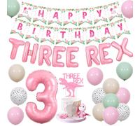 Fangleland Dinosaur 3rd Birthday Decorations Pink, Happy Birthday Banner Dinosaur Balloons Three Rex and 3 Foil Balloon Cake Topper for Three Rex Bday Party Supplies
