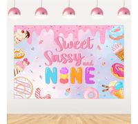 Fangleland Donut 9th Birthday Backdrop Party Decorations for Girls, Sweet Sassy and Nine Photography Background Doughnut Dessert Ice Cream Ninth Party Favors Supplies