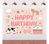 Fangleland Garden Farm Shed Birthday Party Decorations, Garden Theme Happy Birthday Backdrop 5x3ft Pink Farm Animals Photography Background for Barnyard Party Supplies