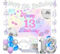 Fangleland Iridescent 13th Birthday Decorations for Girls, Happy 13th Birthday Banner Backdrop Hanging Swirls Cake Topper Crown Sash 13 Foil Balloons for Silver 13 Year Old Bday Party Supplies