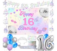 Fangleland Iridescent 16th Birthday Decorations for Girls, Happy 16th Birthday Banner Backdrop Hanging Swirls Cake Topper Crown Sash 16 Foil Balloons for Silver Sweet Sixteen Bday Party Supplies