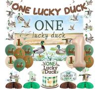 Fangleland Mallard Duck 1st Birthday Decorations, One Lucky Duck First Birthday Backdrop Banner Hanging Swirls Honeycomb Centerpieces Cake Topper Balloons 1 Year Old Party Supplies
