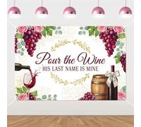 Fangleland Pour The Wine His Last Name is Mine Backdrop 5x3 ft, Wine Bachelorette Bridal Shower Photography Background, Floral Grapes Engagement Wedding Party Decorations Banner