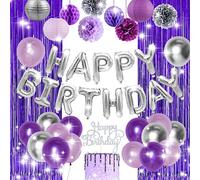 Fangleland Purple Birthday Party Decorations Happy Birthday Banner Purple Silver for Women Fringe Curtain, Paper Pom Poms30th/40th/50th/60th Birthday Party Supplies