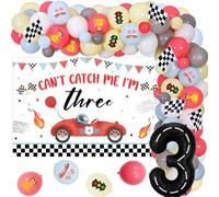 Fangleland Race Car 3rd Birthday Decorations for Boy, Can’t Catch Me I’m Three Racing Theme Birthday Party Supplies Decors with Balloons Garland Arch Kit and Backdrop Poster Vintage Red