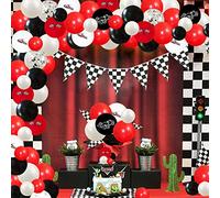 Fangleland Racing Car Theme Party Decorations Checkered Flag Balloons Garland Kit Red and Black Race Car 1st 2nd Birthday Decorations