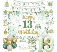 Fangleland Sage Green 13th Birthday Decorations for Girls, Happy 13th Birthday Banner Backdrop Hanging Swirls Cake Topper Crown Sash Number 13 Foil Balloons for 13 Year Old Bday Party Supplies