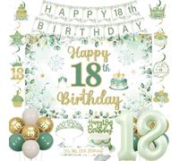 Fangleland Sage Green 18th Birthday Decorations for Girls, Happy 18th Birthday Banner Backdrop Hanging Swirls Cake Topper Crown Sash Number 18 Foil Balloons for Eighteenth Bday Party Supplies
