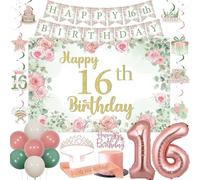 Fangleland Sage Green and Pink 16th Birthday Decorations, Happy 16th Birthday Banner Backdrop Hanging Swirls Cake Topper Crown Sash Number 16 Balloons for Girl Sweet Sixteen Bday Party Supplies