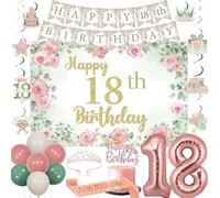 Fangleland Sage Green and Pink 18th Birthday Decorations, Happy 18th Birthday Banner Backdrop Hanging Swirls Cake Topper Crown Sash Number 18 Balloons for Girl Eighteenth Bday Party Supplies