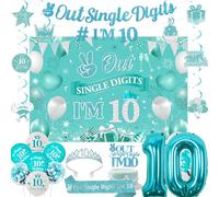 Fangleland Teal Blue 10th Birthday Decorations, Peace Out Single Digits I’m 10 Banner Backdrop Hanging Swirls Cake Topper Crown Sash Number 10 Balloons for Girl Boy Double Digits Bday Party Supplies
