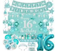 Fangleland Teal Blue 16th Birthday Decorations for Girls, Happy 16th Birthday Banner Backdrop Hanging Swirls Cake Topper Crown Sash Number 16 Foil Balloons for Sweet Sixteen Bday Party Supplies