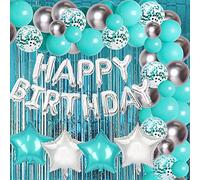 Fangleland Teal Blue Birthday Decorations Set With Happy Birthday Balloons Banner, Turquoise Blue and Silver Balloons Curtain for 30th 40th 50th Baby Shower